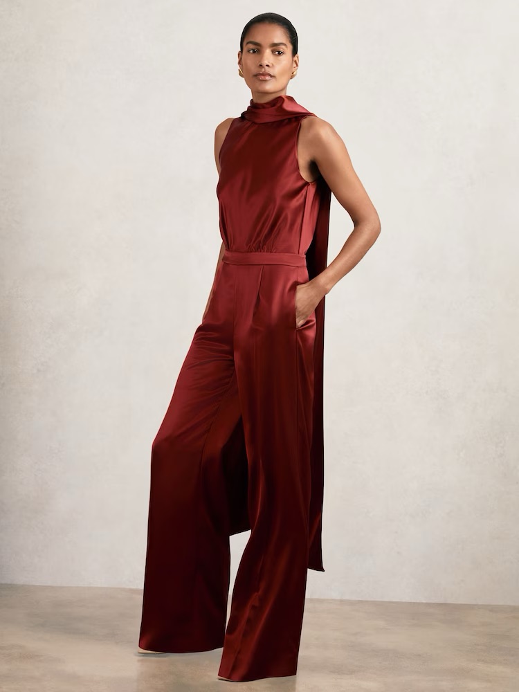 Reiss Satin High-Neck Wide-Leg Jumpsuit In Burgundy